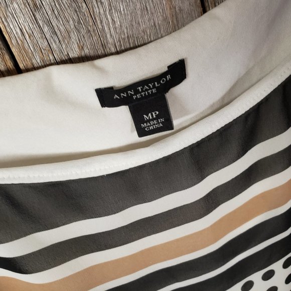 Ann Taylor MP PM Women's Black White Tan Striped Dotted Chiffon Top Blouse - Picture 4 of 5
